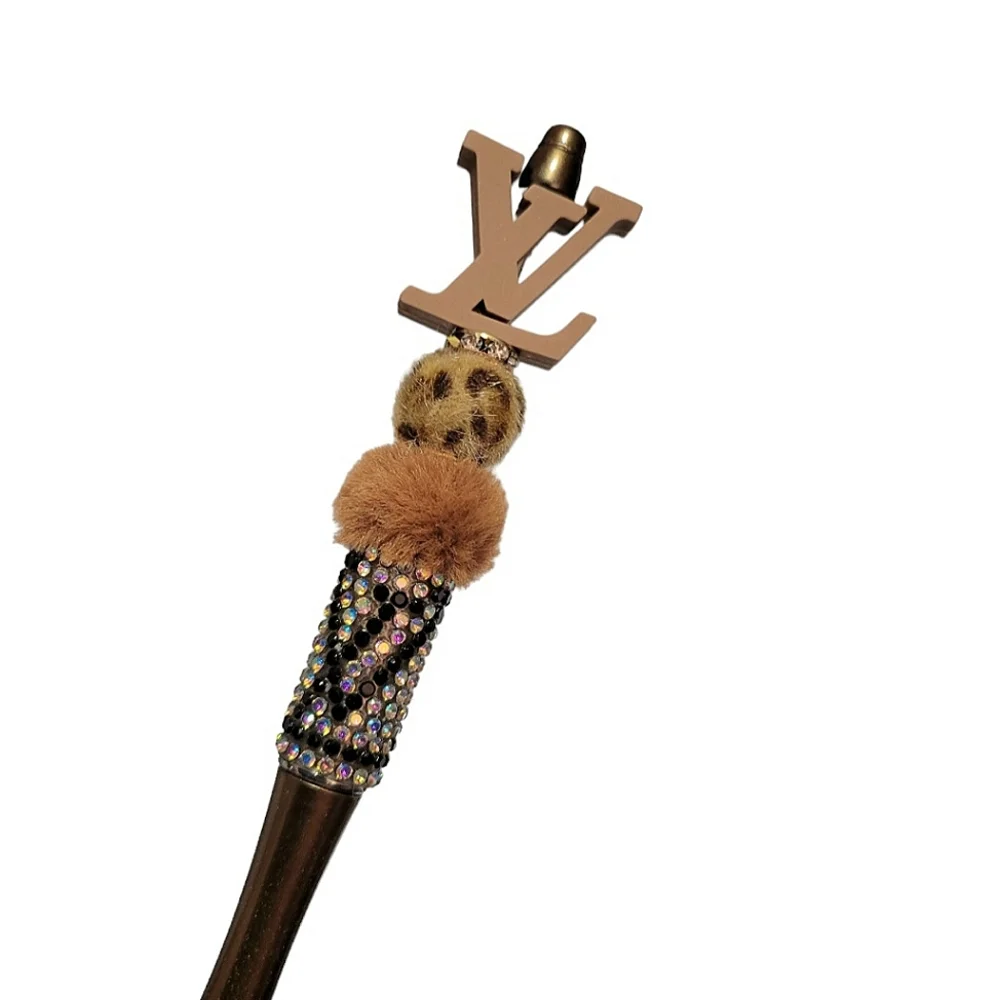 Fashion Fancy Bling Fur Beaded Ballpoint Twist Pen Focal Bead Tan